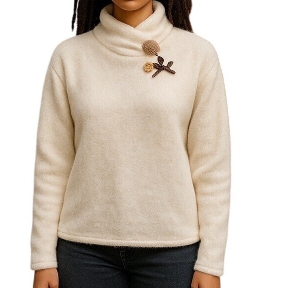 Twiggy Angora Lambswool Soft Pullover Mock Neck Sweater Flower Appliqué Size L